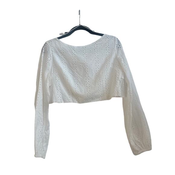 GB Tops - GB White Cropped Tie in the Back Eyelet Long Sleeve Blouse, Boho, Beachy